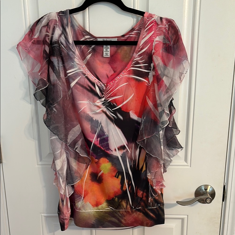 Style & Co. Pink and Orange Asymmetrical Wrap Blouse